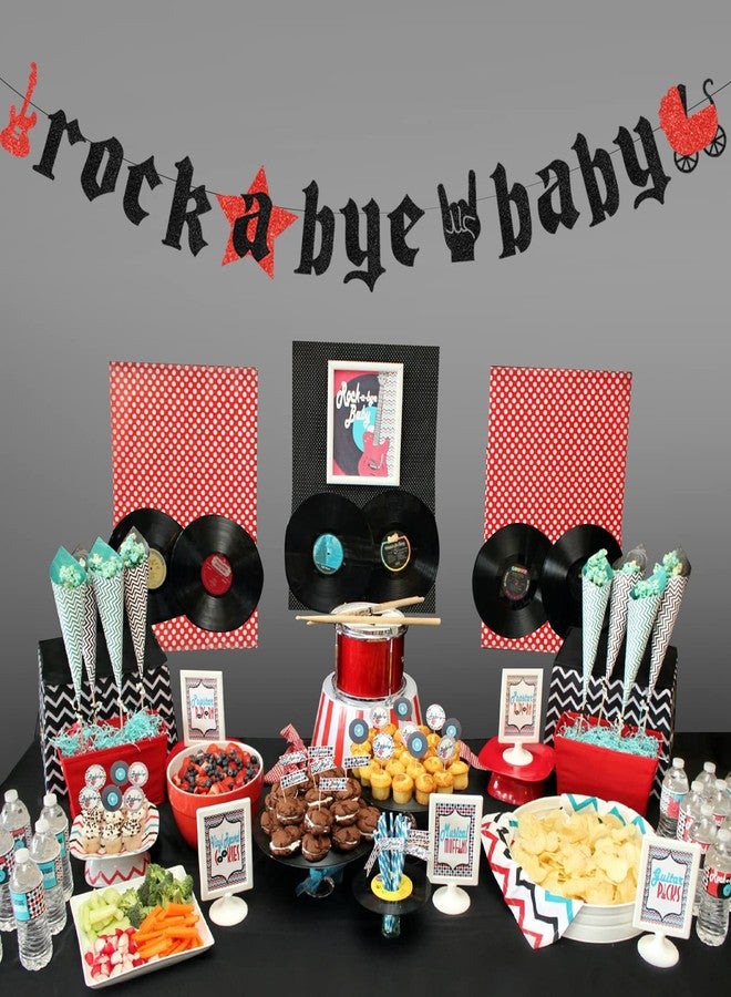 Cheereveal زينة لحفل استقبال مولود جديد بطابع موسيقى الروك، لافتة "Rock A Bye Baby" مزينة ببريق أحمر وأسود، لافتة "Born to Rock" بنوتة موسيقية لحفل استقبال مولود جديد بطابع موسيقى الروك - Image 4